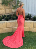 Helaina | Plunge Neck Light Pink Mermaid Satin Long Prom Dress by KissProm