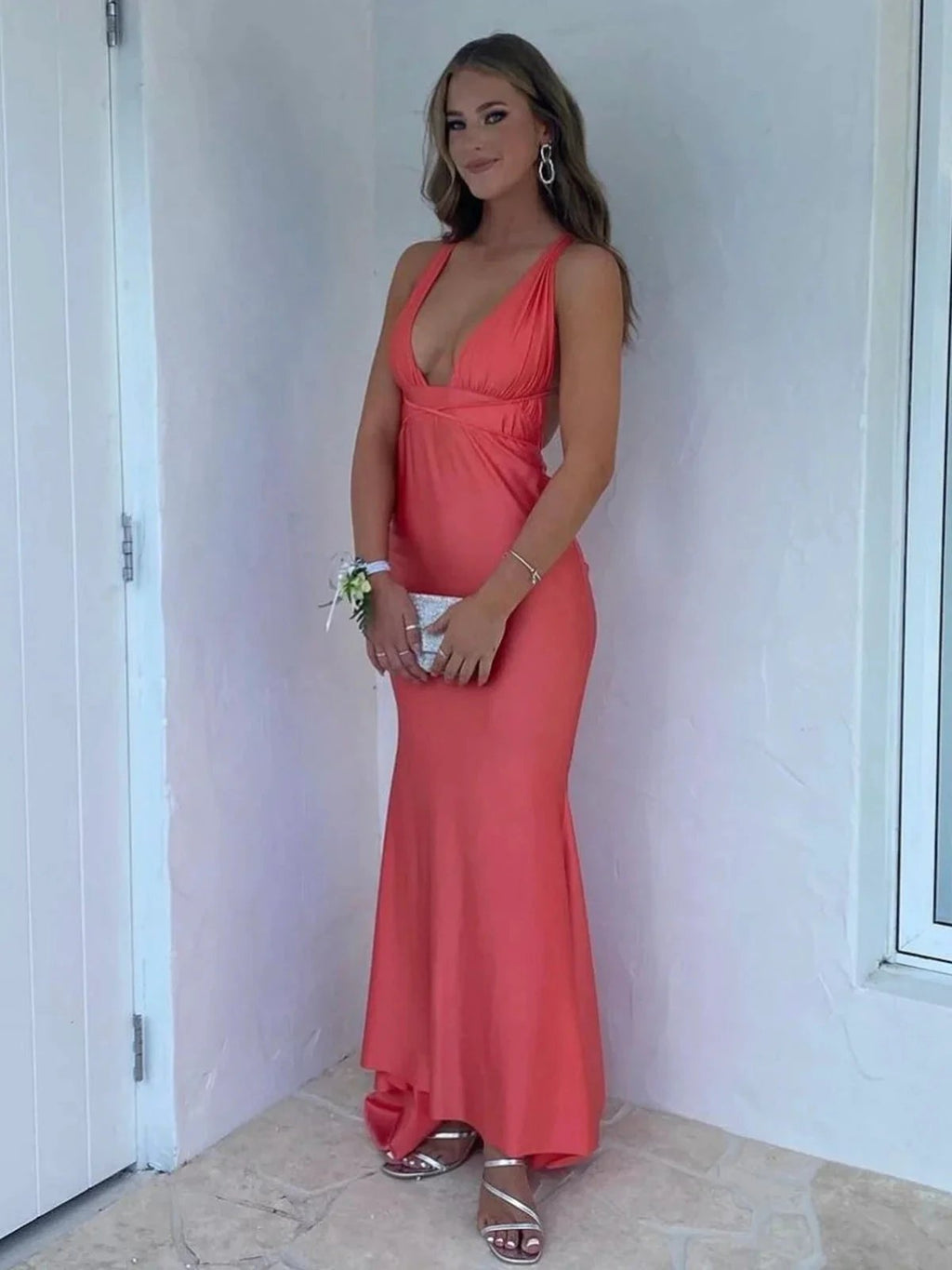 Helaina | Plunge Neck Light Pink Mermaid Satin Long Prom Dress by KissProm
