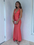 Helaina | Plunge Neck Light Pink Mermaid Satin Long Prom Dress by KissProm