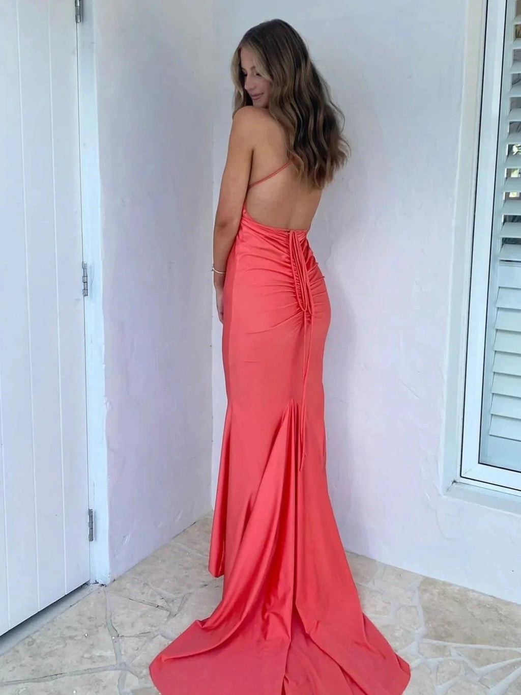 Helaina | Plunge Neck Light Pink Mermaid Satin Long Prom Dress by KissProm