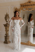 Luxury 3D Floral Sequin Strapless Wedding Dress with Detachable Sleeves SW085