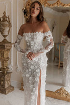 Luxury 3D Floral Sequin Strapless Wedding Dress with Detachable Sleeves SW085