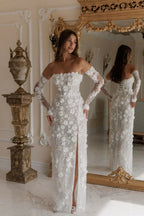 Luxury 3D Floral Sequin Strapless Wedding Dress with Detachable Sleeves SW085