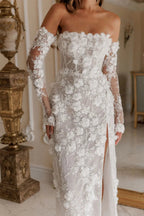 Luxury 3D Floral Sequin Strapless Wedding Dress with Detachable Sleeves SW085