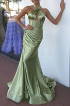 Lilo | Mermaid Sage Halter Corset Long Prom Dress with Rosette Embellishment by KissProm