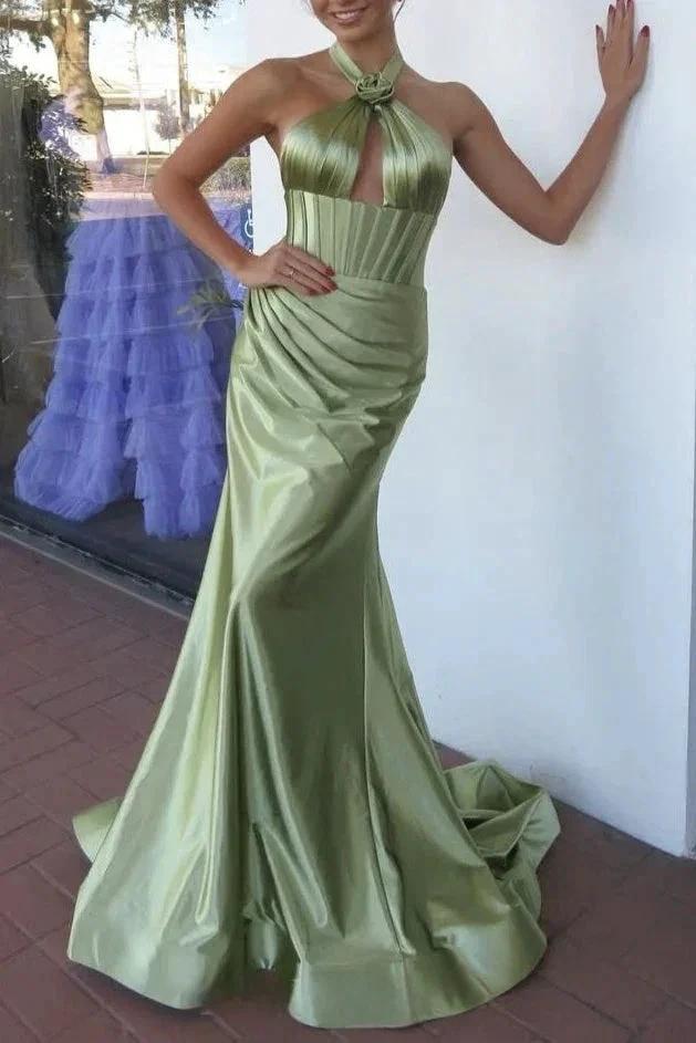Lilo | Mermaid Sage Halter Corset Long Prom Dress with Rosette Embellishment by KissProm