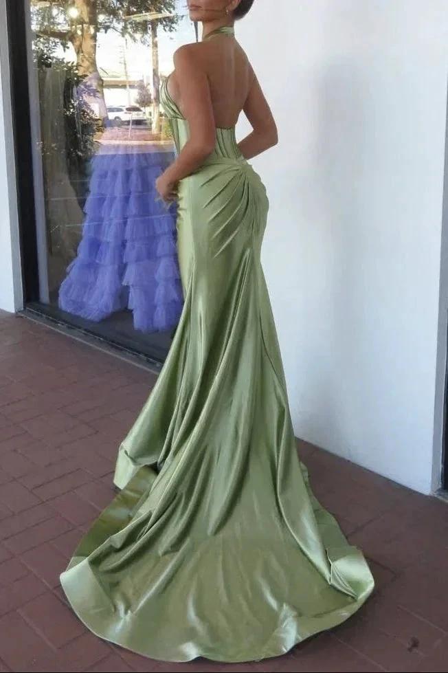 Lilo | Mermaid Sage Halter Corset Long Prom Dress with Rosette Embellishment by KissProm