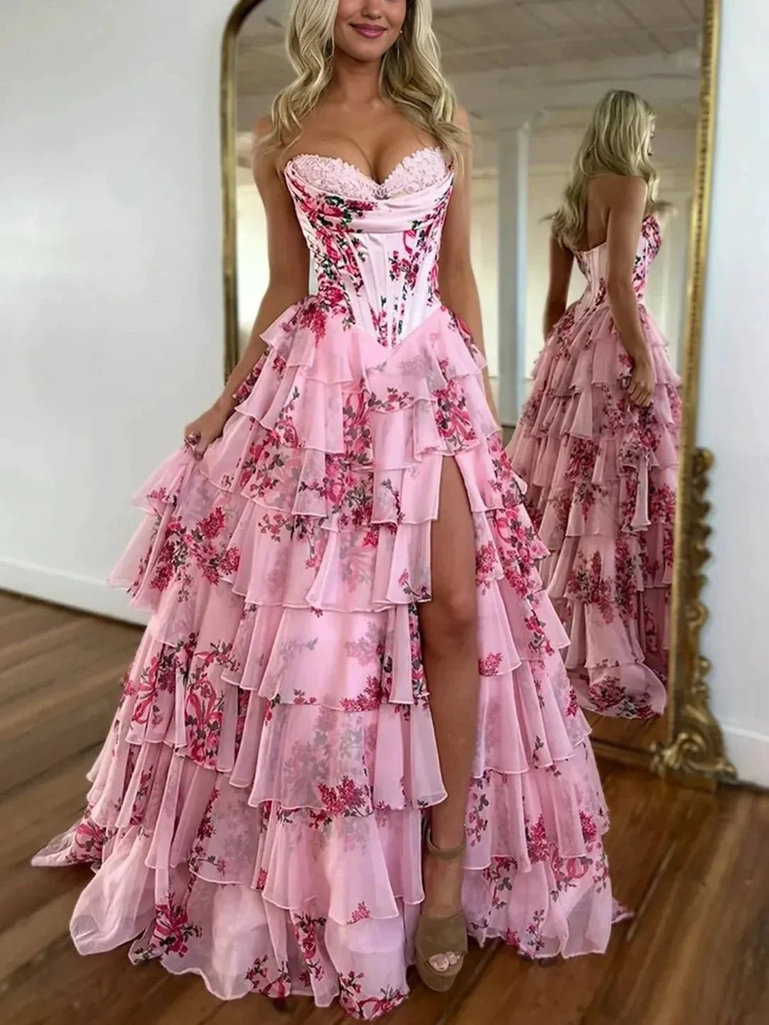 Haruko | A Line Floral Blush Tiered Chiffon Long Corset Prom Dress with Slit by KissProm