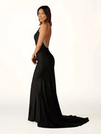 Navy Blue Beaded V-Neck Backless Mermaid Long Prom Dress by KissProm