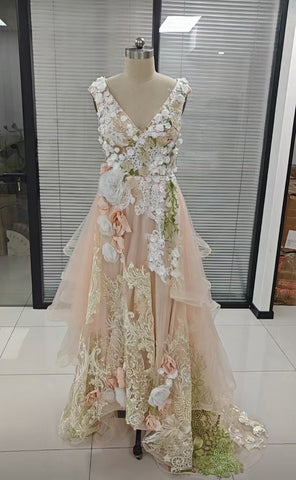 Elegante vestido de fiesta de tul con escote en V y encaje floral, vestido formal de noche para fiesta