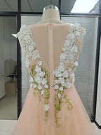 Elegant Tulle A-line V-neck Floral Lace Prom Dresses Formal Evening Party Gown by Musebridals