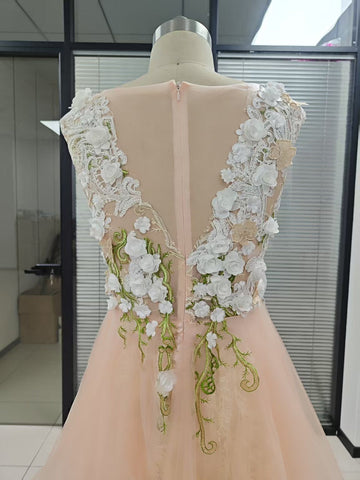 Elegante vestido de fiesta de tul con escote en V y encaje floral, vestido formal de noche para fiesta