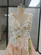 Elegant Tulle A-line V-neck Floral Lace Prom Dresses Formal Evening Party Gown by Musebridals