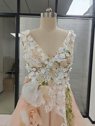 Elegante vestido de fiesta de tul con escote en V y encaje floral, vestido formal de noche para fiesta