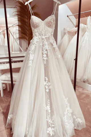 Vestido de novia de encaje princesa, vestido de novia 2024, tirantes finos, cola capilla, vestido de novia de tul color champán 