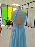 Chiffon Floor Length Prom Dresses A-Line Halter Open Back Pleats by DressbLee