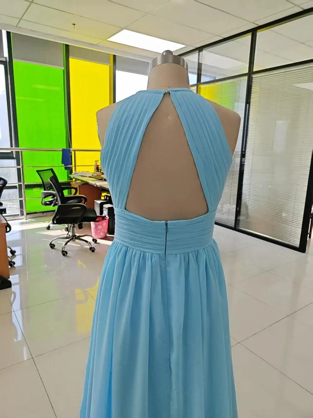 Chiffon Floor Length Prom Dresses A-Line Halter Open Back Pleats by DressbLee