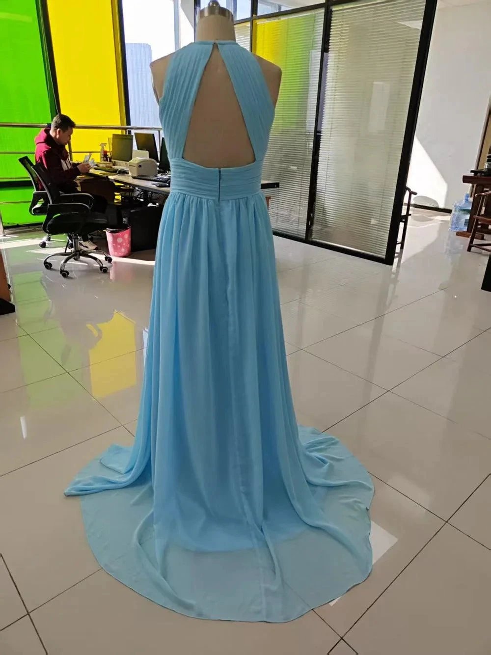 Chiffon Floor Length Prom Dresses A-Line Halter Open Back Pleats by DressbLee