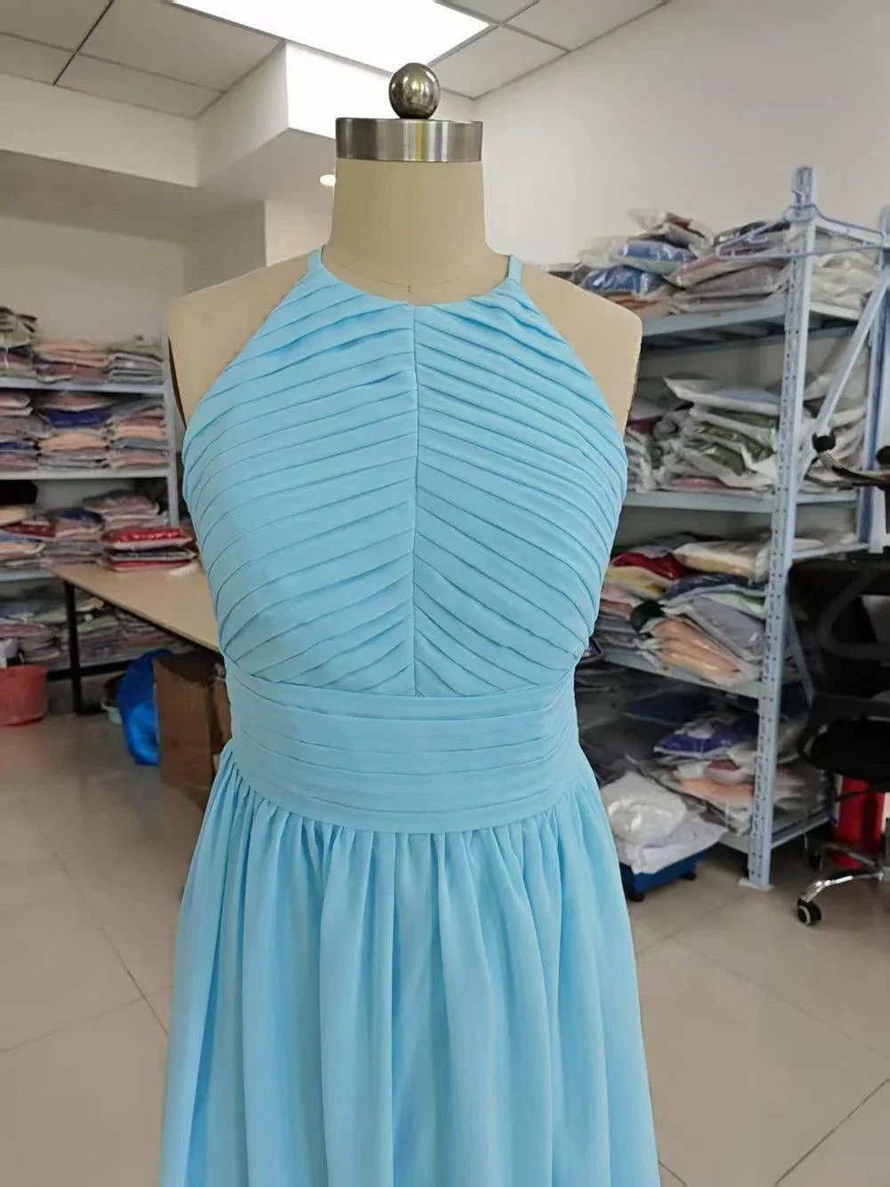 Chiffon Floor Length Prom Dresses A-Line Halter Open Back Pleats by DressbLee