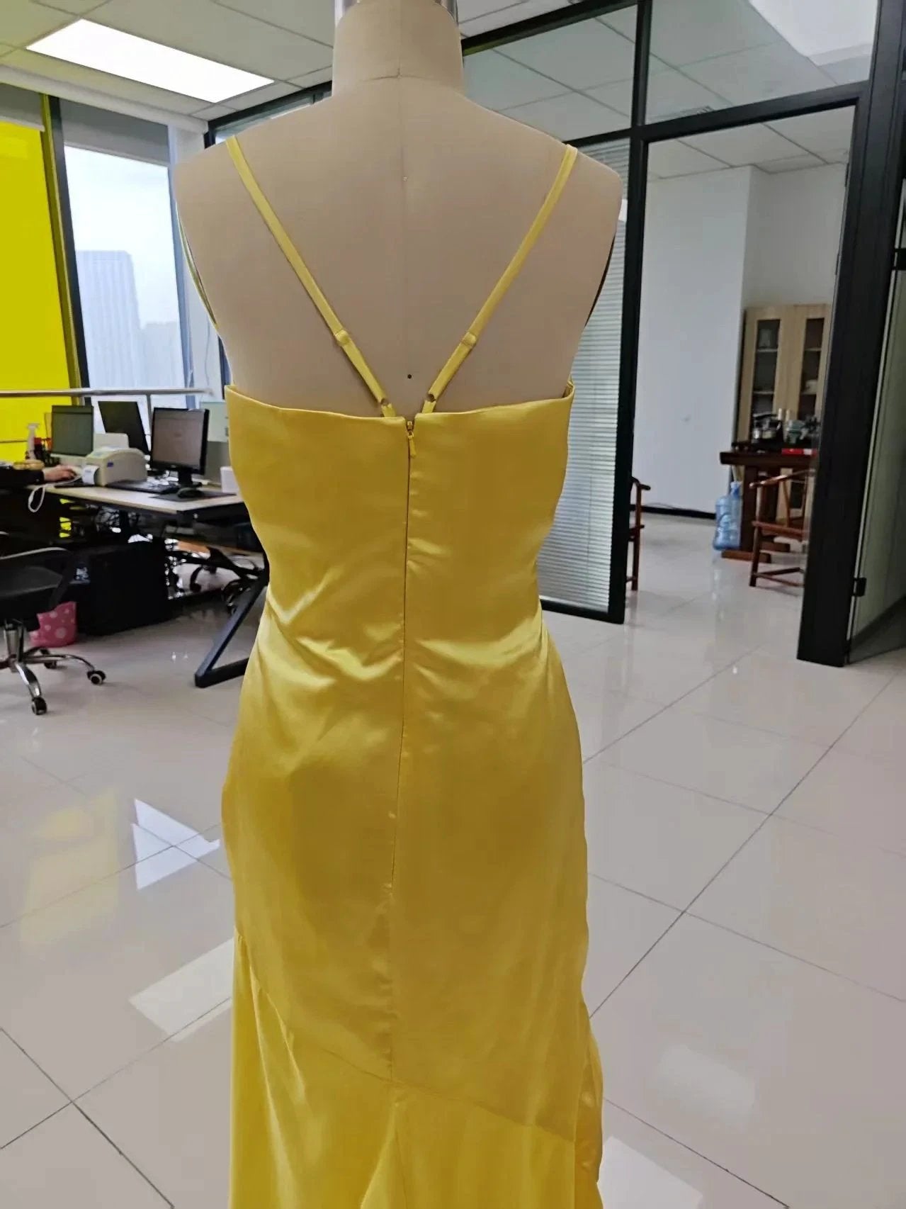 Spaghetti Strap Satin Prom Dresses Long A Line Pleated Corset Bridesmaid Formal Dress with Slit by Sunnderly