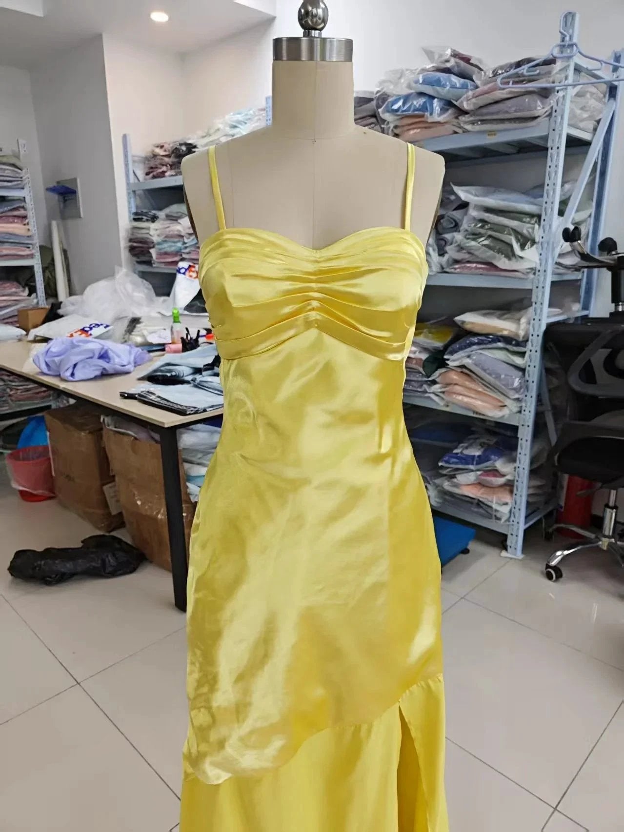 Spaghetti Strap Satin Prom Dresses Long A Line Pleated Corset Bridesmaid Formal Dress with Slit by Sunnderly