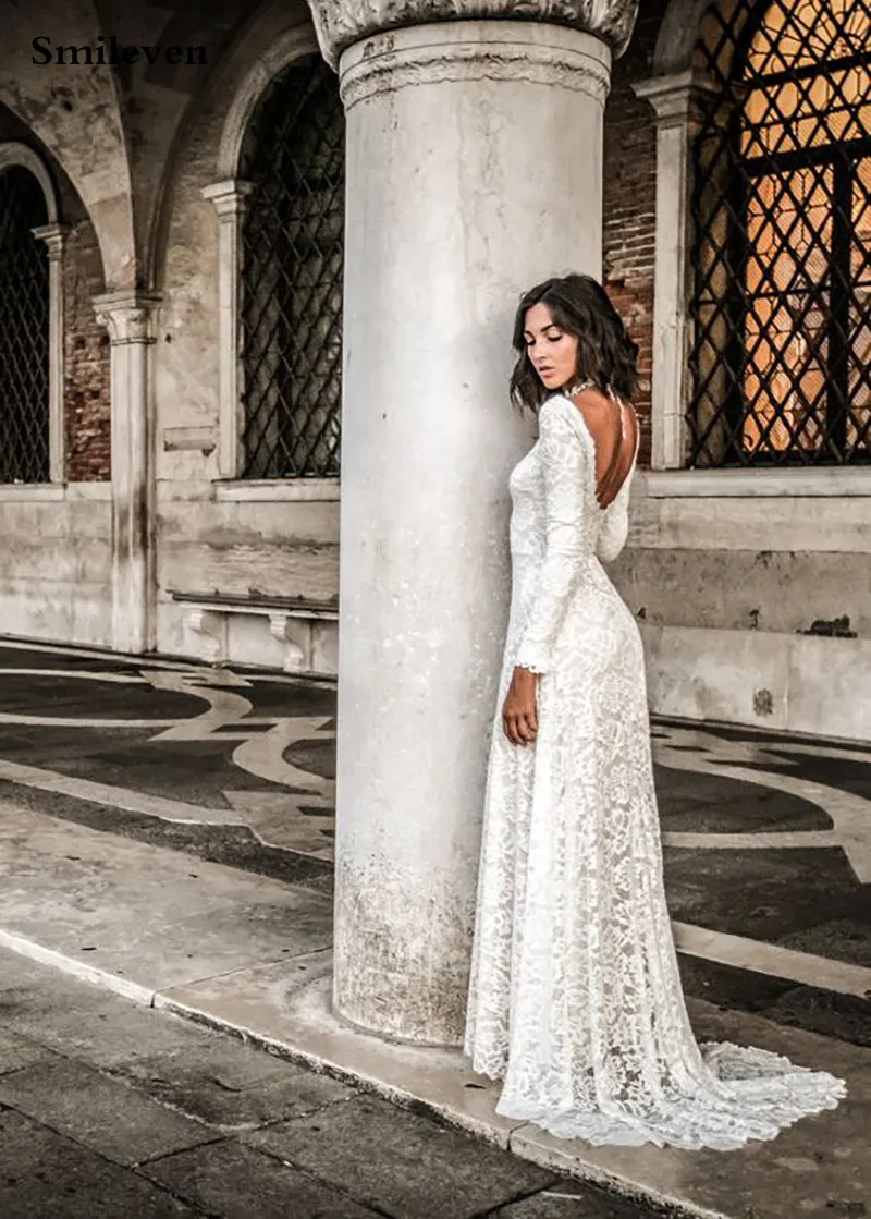 A-Line Evening Gown Open Back Dress Formal Wedding Party Dress Sweep / Brush Train Long Sleeve Jewel Neck Lace with Appliques