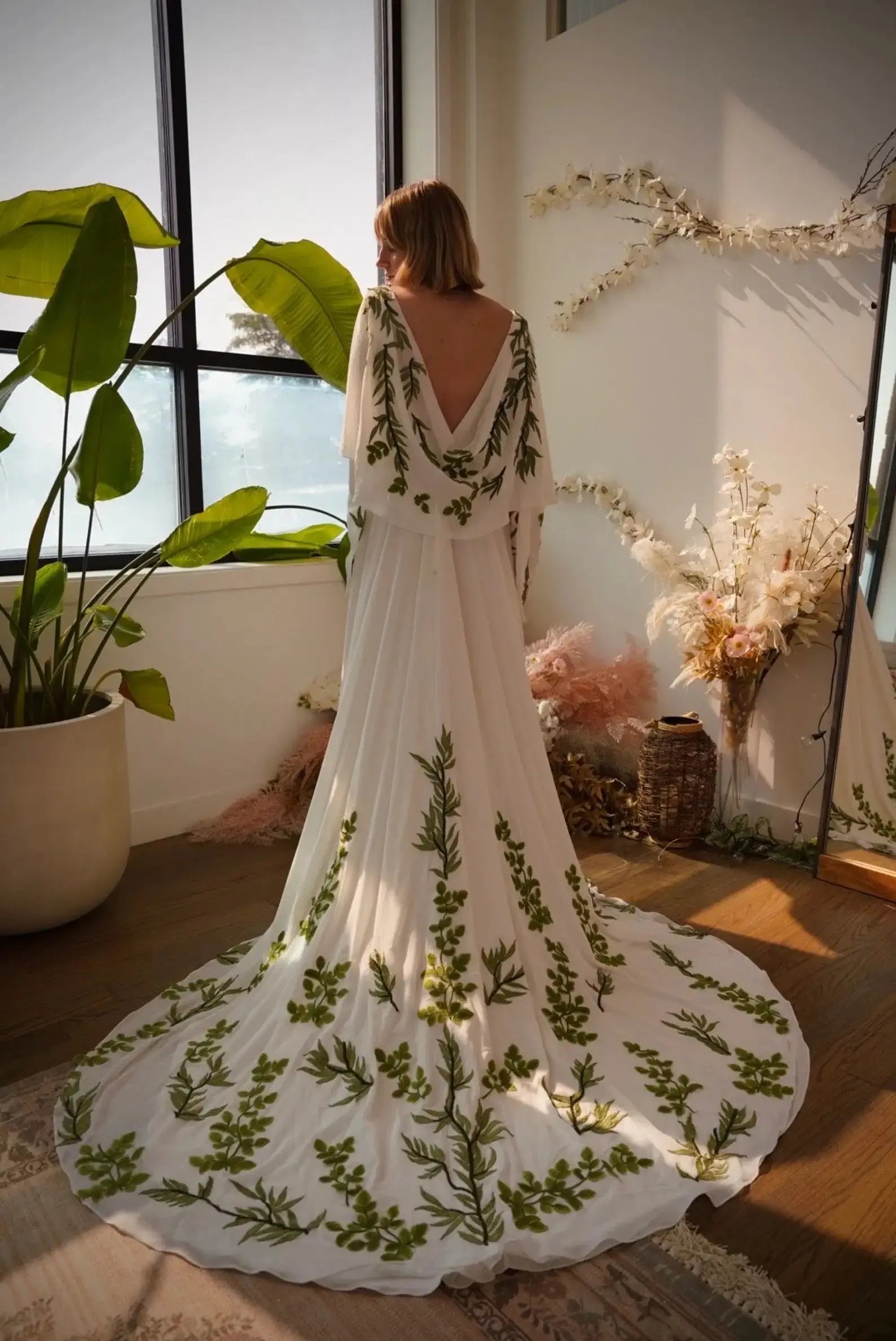 Luxury White & Green Botanical Print Cape Boho Train Wedding Dress SW642