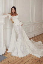 White Lace Applique Corset Bridal Gown with Cathedral Train SW671
