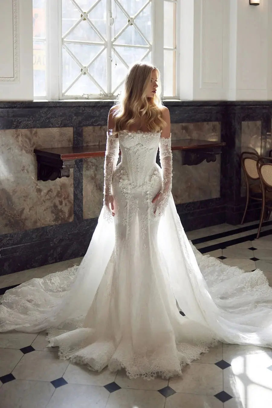 White Lace Applique Corset Bridal Gown with Cathedral Train SW671