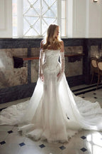 White Lace Applique Corset Bridal Gown with Cathedral Train SW671
