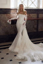 White Lace Applique Corset Bridal Gown with Cathedral Train SW671