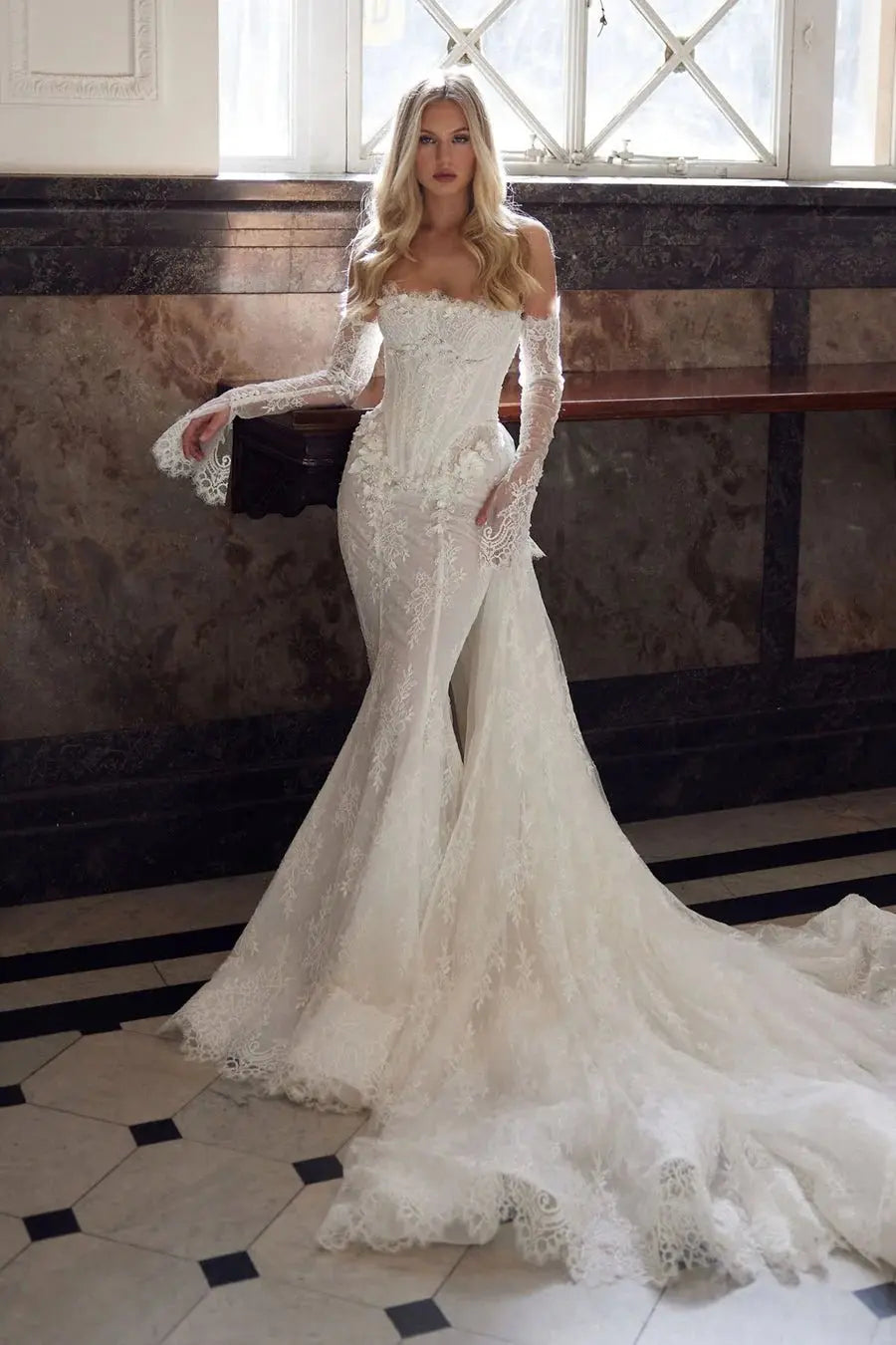 White Lace Applique Corset Bridal Gown with Cathedral Train SW671