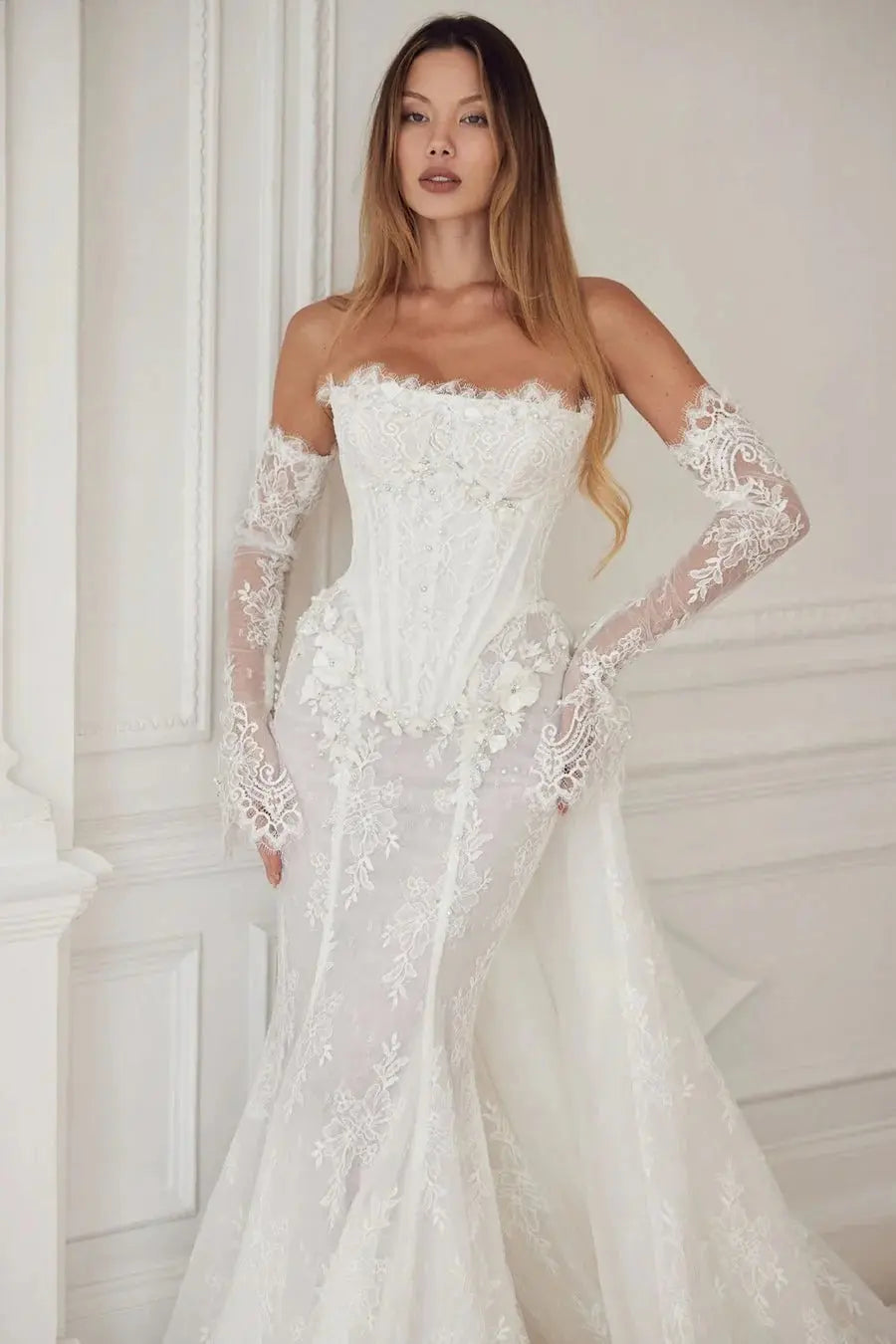 White Lace Applique Corset Bridal Gown with Cathedral Train SW671