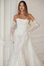 White Lace Applique Corset Bridal Gown with Cathedral Train SW671