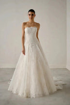 White Classic Eyelash Lace A Line Wedding Dress for Bride SW700