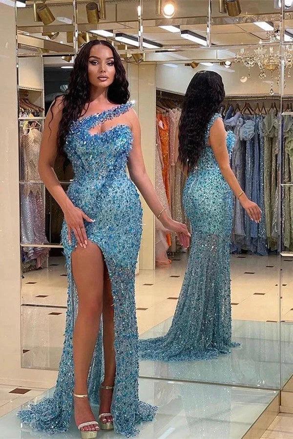 Vintage Long Sequined Beadings One Shoulder Mermaid Prom Dress With Split by BIZTUNNEL