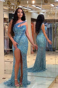 Vintage Long Sequined Beadings One Shoulder Mermaid Prom Dress With Split by BIZTUNNEL