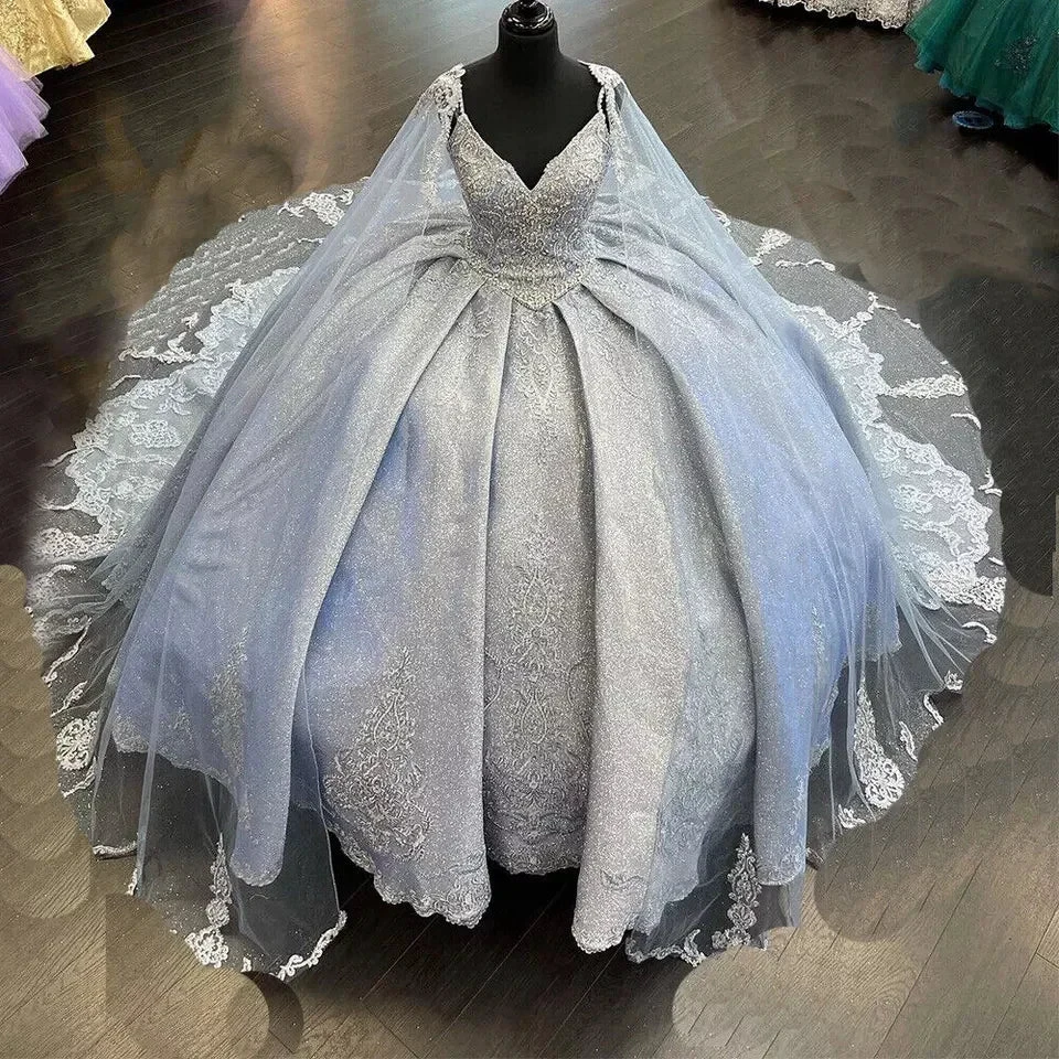 Beading Quinceanera Dresses Sequin Applique Princess Ball Gown With Cape Y1516 by simplepromdress