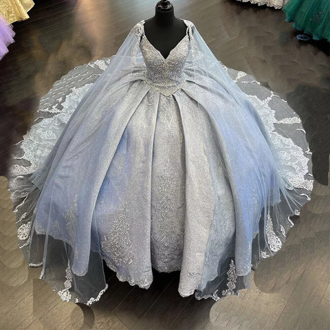Vestidos de quinceañera con apliques de lentejuelas y cuentas, vestido de princesa con capa Y1516