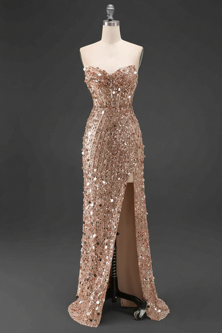 Sparkly Gold Fully Beaded Prom Dress with Deep V Neck Slit and Open Back