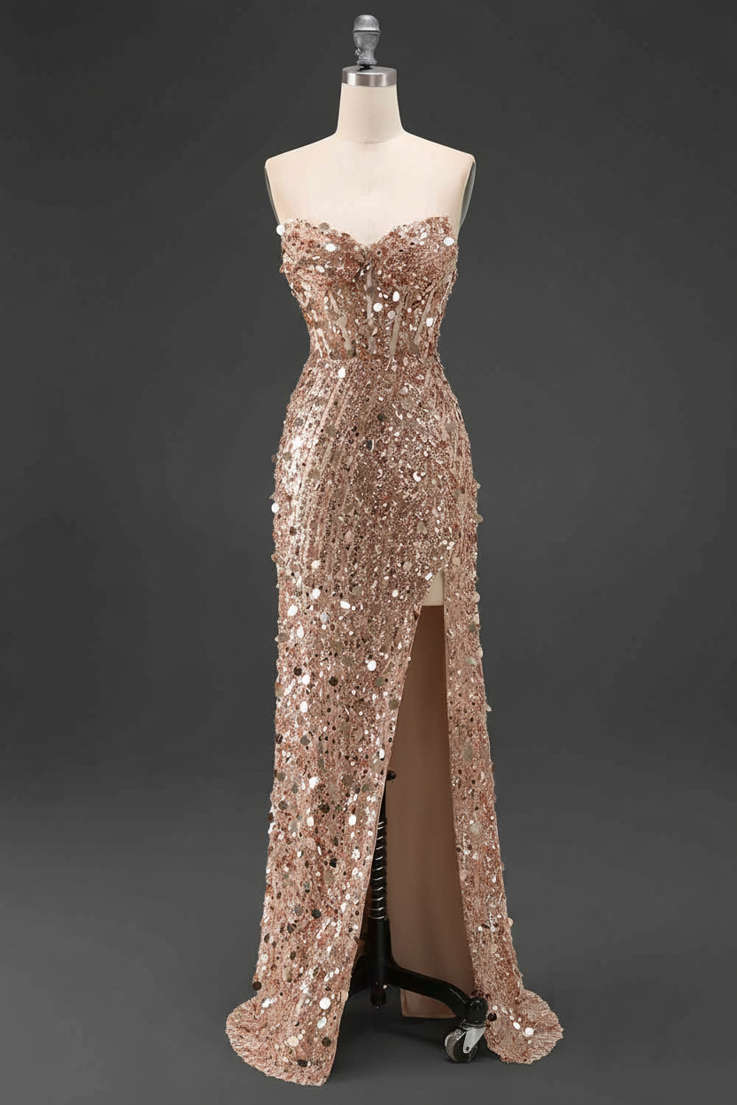 Sparkly Gold Mermaid Sequins Sweetheart Long Corset Prom Dress with Slit
