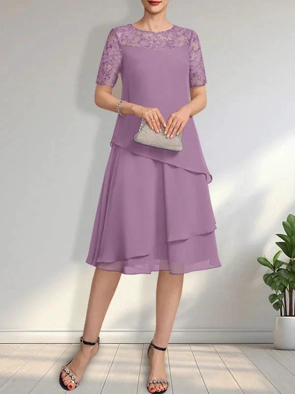 A-line Scoop Illusion Knee-Length Lace Chiffon Mother of the Bride Dress With Sequins by Dreamylily