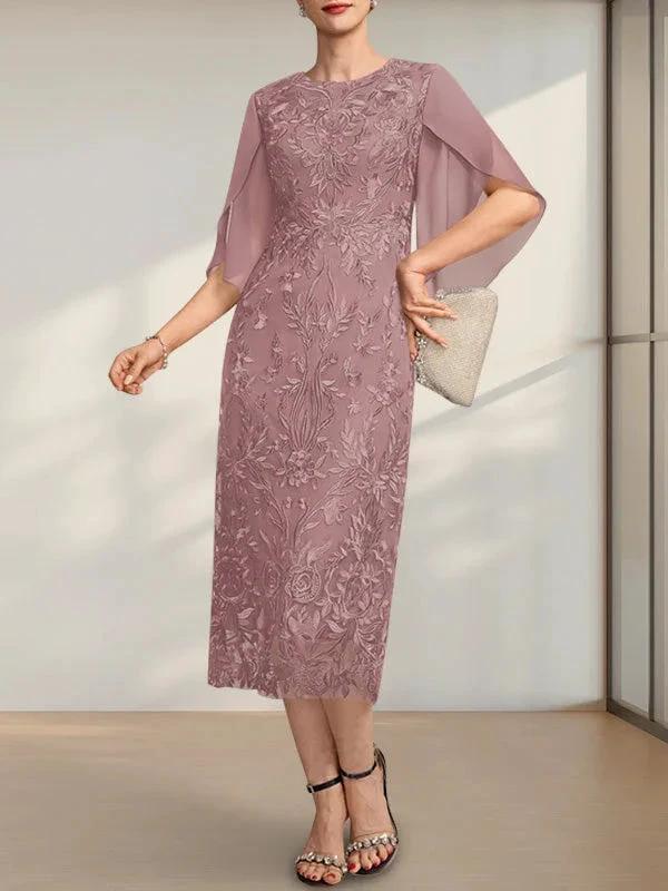 Sheath/Column Scoop Tea-Length Lace Chiffon Mother of the Bride Dress by Dreamylily
