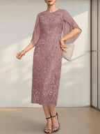 Sheath/Column Scoop Tea-Length Lace Chiffon Mother of the Bride Dress by Dreamylily