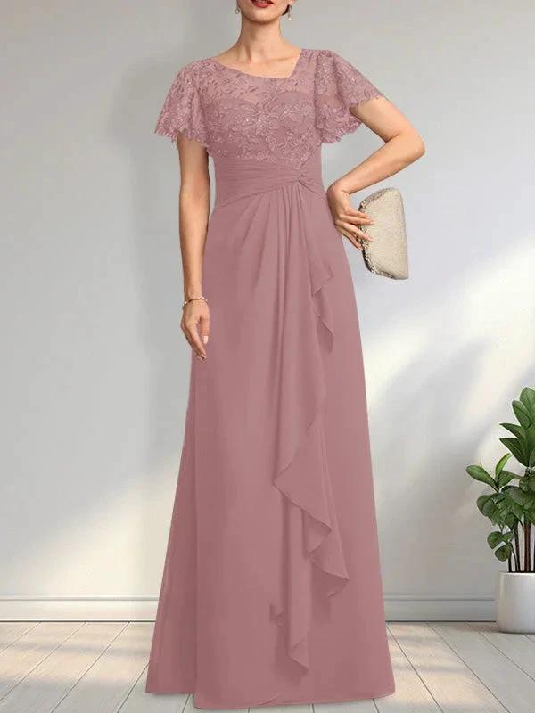 A-line Asymmetrical Illusion Floor-Length Lace Chiffon Mother of the Bride Dress With Cascading Ruffles Sequins by Dreamylily