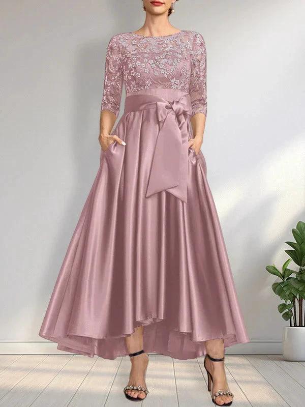 A-line Scoop Illusion Asymmetrical Satin Lace Mother of the Bride Dress With Bow by Dreamylily