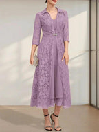 A-line V-Neck Tea-Length Chiffon Mother of the Bride Dress by Dreamylily