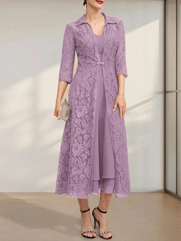 A-line V-Neck Tea-Length Chiffon Mother of the Bride Dress by Dreamylily