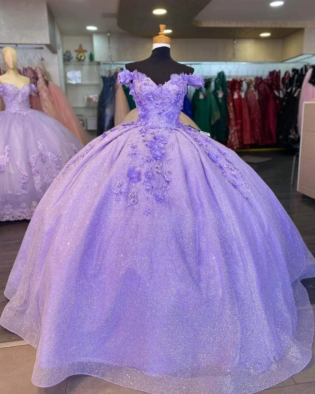 Shiny Off The Shoulder Ball Gown with 3D Flowers Sweet 16 Dress Y4351 by simplepromdress