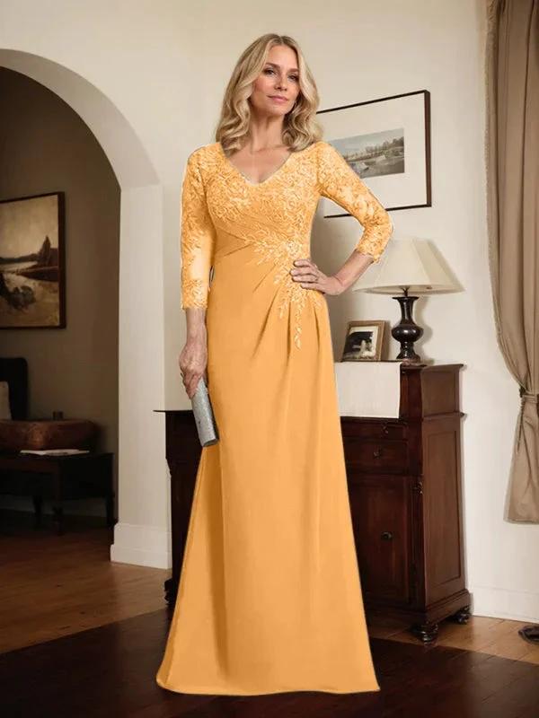 Sheath/Column V-Neck Illusion Floor-Length Lace Chiffon Mother of the Bride Dress With Pleated Sequins by Dreamylily